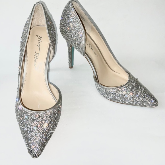 Betsey Johnson Hazil Silver Dress Pumps Stiletto Heels Crystal Evening Shoes 8 - Picture 6 of 13